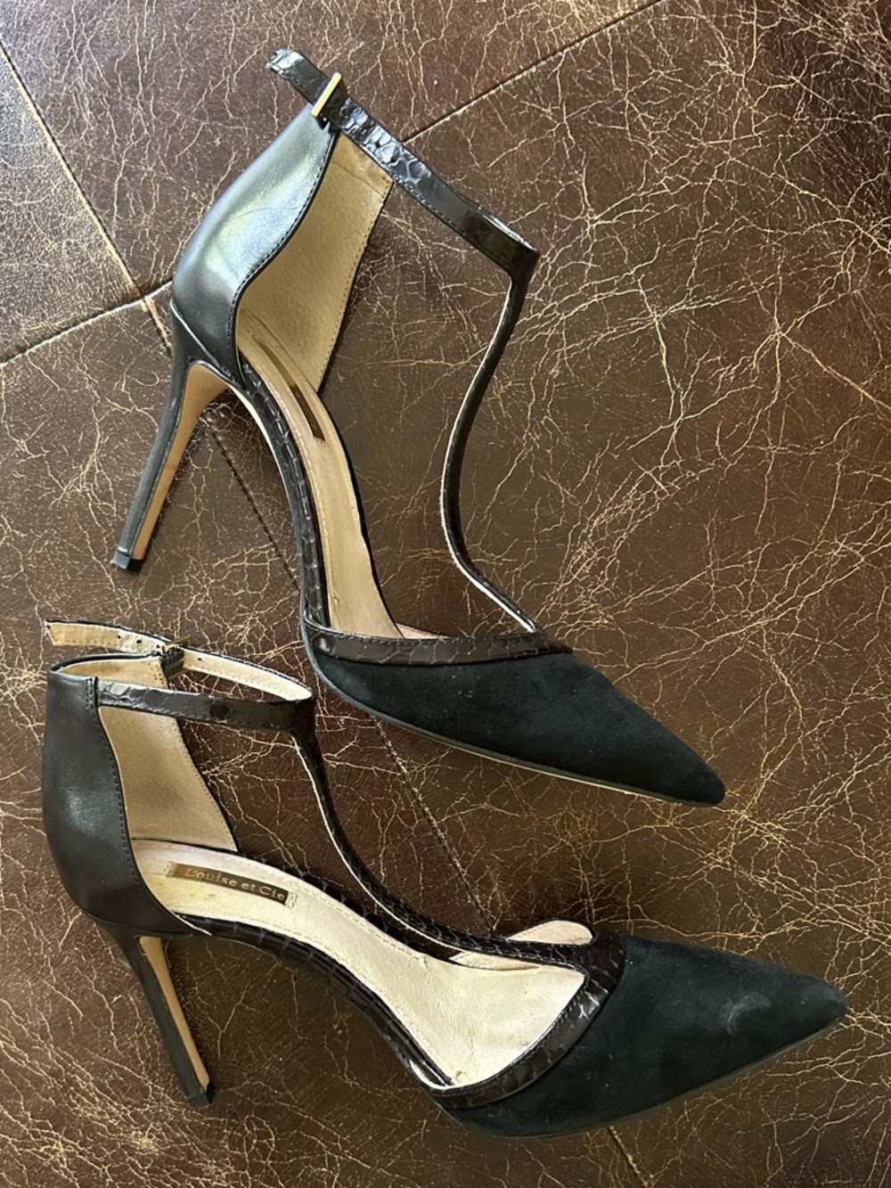 Louise et Cie Lo-Harlem Suede and Textured LeatherT-Strap Pointed Toe Stiletto